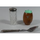 A Silver Topped Dressing Table Glass Pot, A Silver Handled Spade and Spoon and a Tasmanian Figured