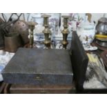 A Tray Containing Various Cutlery, Skirt Lifter, Two Pairs of Brass Candlesticks Etc