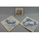 A Pair of Wall Tile Studies of Pig and Bull together with a Victorian Tile Depicting Children Beside