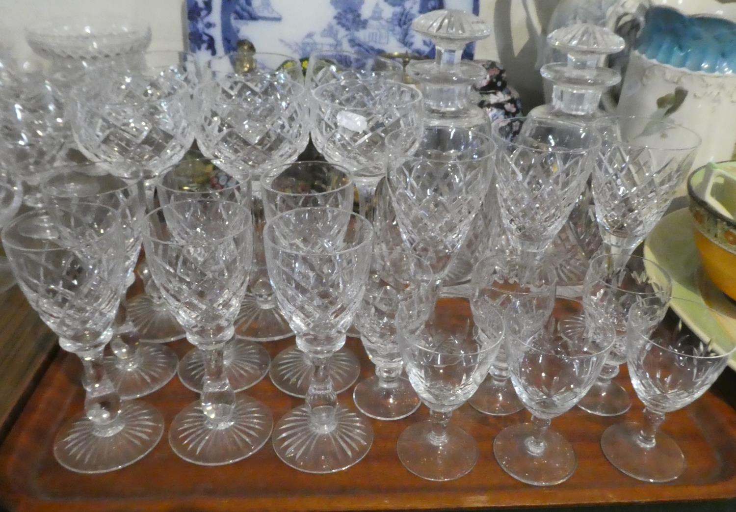 A Tray Containing Various Cut Glass Wines, Sherries, Ports, Pair of Decanters etc