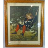 A Framed Victorian Print Depicting Girl on a Swing, 'Holiday Time', Set in Maple Frame,72.5x59cms