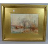 A Gilt Framed Watercolour Depicting Cattle Drinking In River, Signed Bottom Right, 35cms Wide