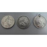 A Collection of Coins to Include George III Shilling, 1966 Franc, Victorian Shilling (Drilled)