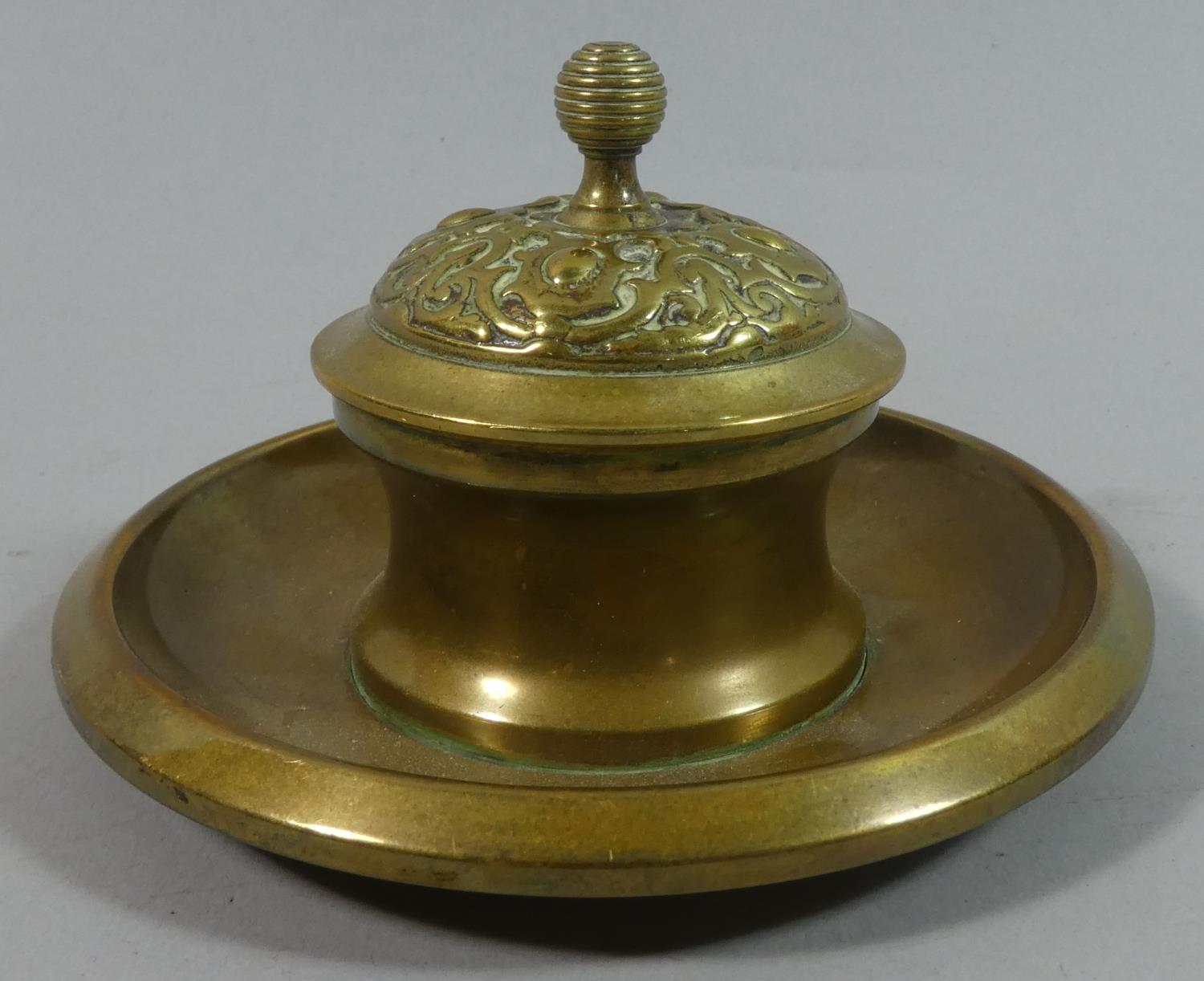 A Late Victorian Circular Brass Inkwell, Missing Liner, 11.5cms Diameter