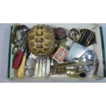 A Box of Curios to Include Button Irons, Metalwears, Circular Boxes Etc