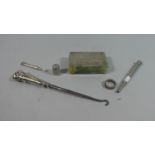 A Collection of Silver Mounted Items to Include Onyx Based Paperweight, Miniature Handbag Mirror,