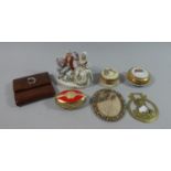 A Cartier Leather Ladies Purse, Continental Figure Group, Lidded Boxes, Jewelled Photoframe Etc