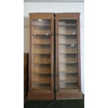 A Pair of Glazed Shelved Wooden Cabinets with Brass Handles, Each 50cms Wide