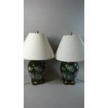 A Pair of Oriental Green Glazed Table Lamps and Shades with Floral and Butterfly Decoration, Each