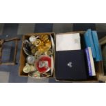 A Box Containing Various Commemorative Decorative Plates together with Beatles Plates, Coffee Pots