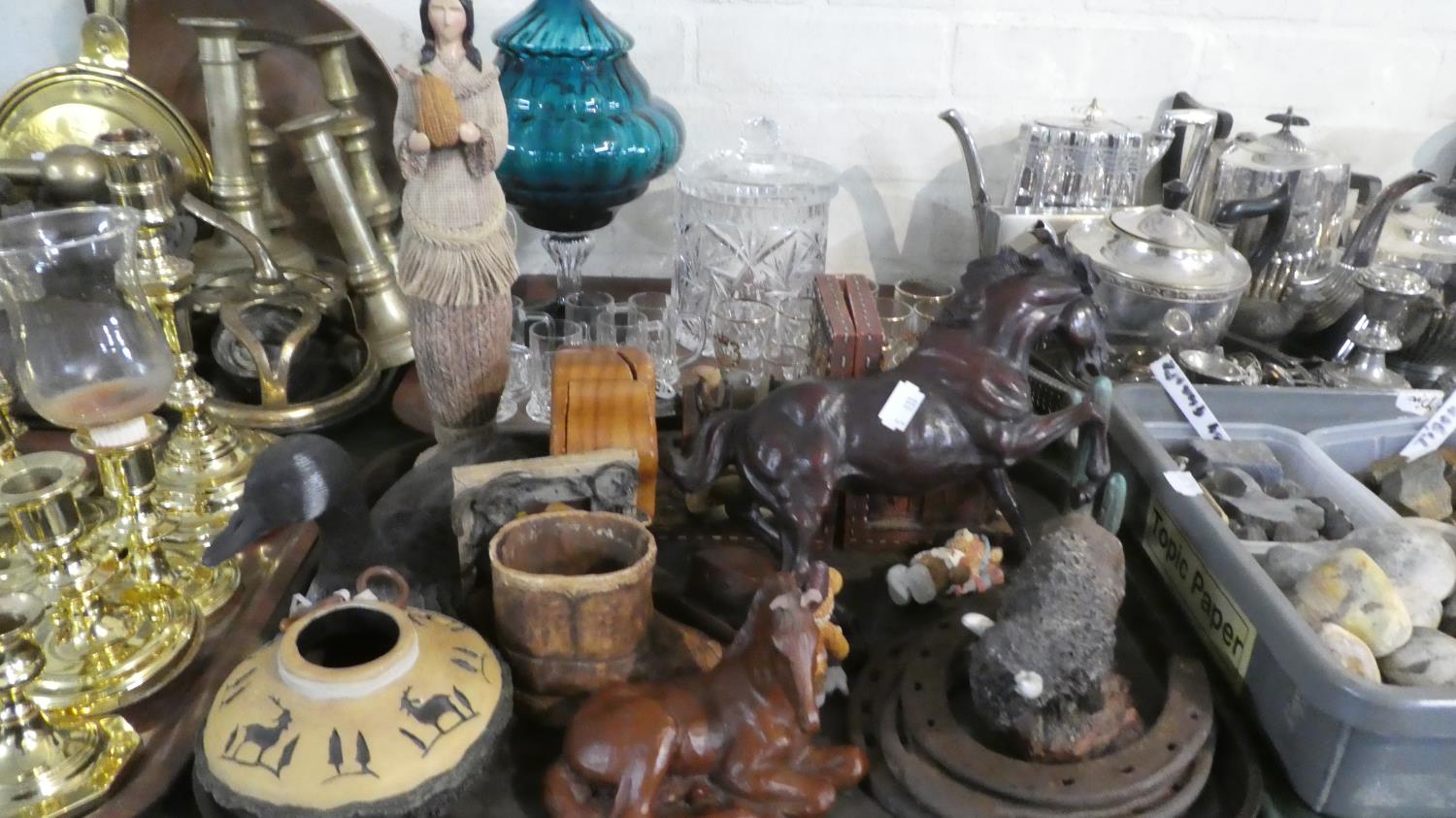 A Tray Containing Various Wooden and Other American Ornaments, Cowboy Bookends, Horse, Buffalo,