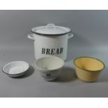 A Modern Enamelled Bread Bin and Three Bowls