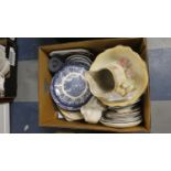 A Box of Ceramics to Include Decorated Plates, Cat Ornament etc