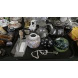 A Tray of Sundries to Include Large Glass Paperweights, Pewter Jug and Silver Plated Teapot,