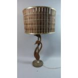 A 1970s Teak and Brass Table Lamp and Shade in the Form of Male and Female Waterfowl, total Height