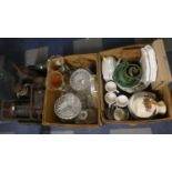 Two Boxes of Ceramics and Glass Ware and a Box of Hurricane Lamps