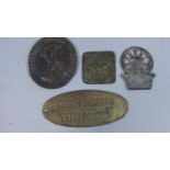 A Collection of Four Metal Mounts, Dartboard, Trespassers will Be Prosecuted, Foseco Products and