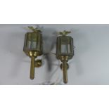 A Pair of Brass Wall Mounting Exterior Trap Style Lamps, Each with Eagle Finial and 38cm High