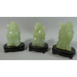 Three Carved Jade Figures of Immortals on Unrelated Stands, Figures 7cms High