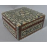 A Square Mother of Pearl Inlaid Jewellery Box with Hinged Lid to Velvet Lined Interior, Islamic