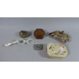 A Tray of Curios to Include Inlaid, Jewelled and Wooden Boxes, Reproduction Resin Scrimshaw, Folding