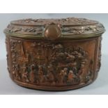 A 19th Century Oval French Copper Jewellery Casket decorated in Relief with Musketeers, Tavern and