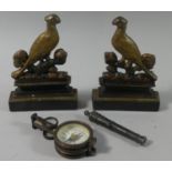 A Pair of Victorian Cast Iron Gilt Decorated Bird Fireside Ornaments and a French Pocket Compass Etc