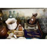 A Tray of Sundries to Include Copper Jug, Wade Whimsies, Collectors Bottles etc