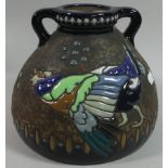 An Austrian Campina Amphora Vase Decorated in Coloured Enamels with Capercaillie, 19cm High