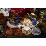 A Tray of Ceramics to Include Fieldings Lustre Saucers, Coalport Indian Tree, Copper Lustre Jugs