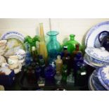A Tray of Coloured Glassware to Include Medicine and Other Collectors Bottles, Glass Vases, Marry