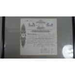 A Framed Greenock Steamship Share Certificate Dated 1882