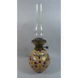 A Ceramic Oil Lamp with Hand Painted Floral Decoration Having Inner Glass Reservoir and Hinks No.