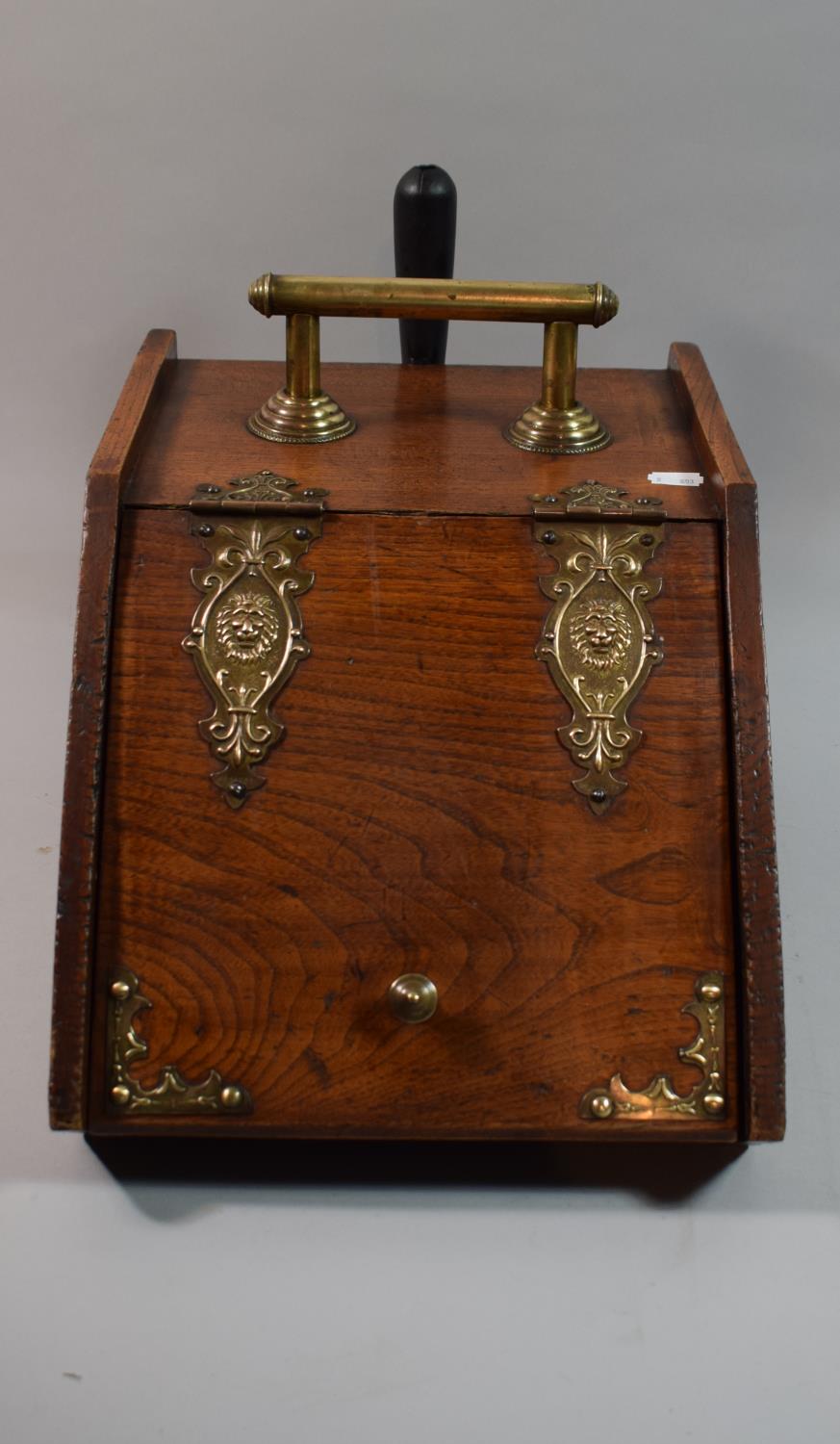 A Late Victorian Brass Mounted Oak Coal Scuttle with Replacement Shovel, Missing Metal Liner, 40cm