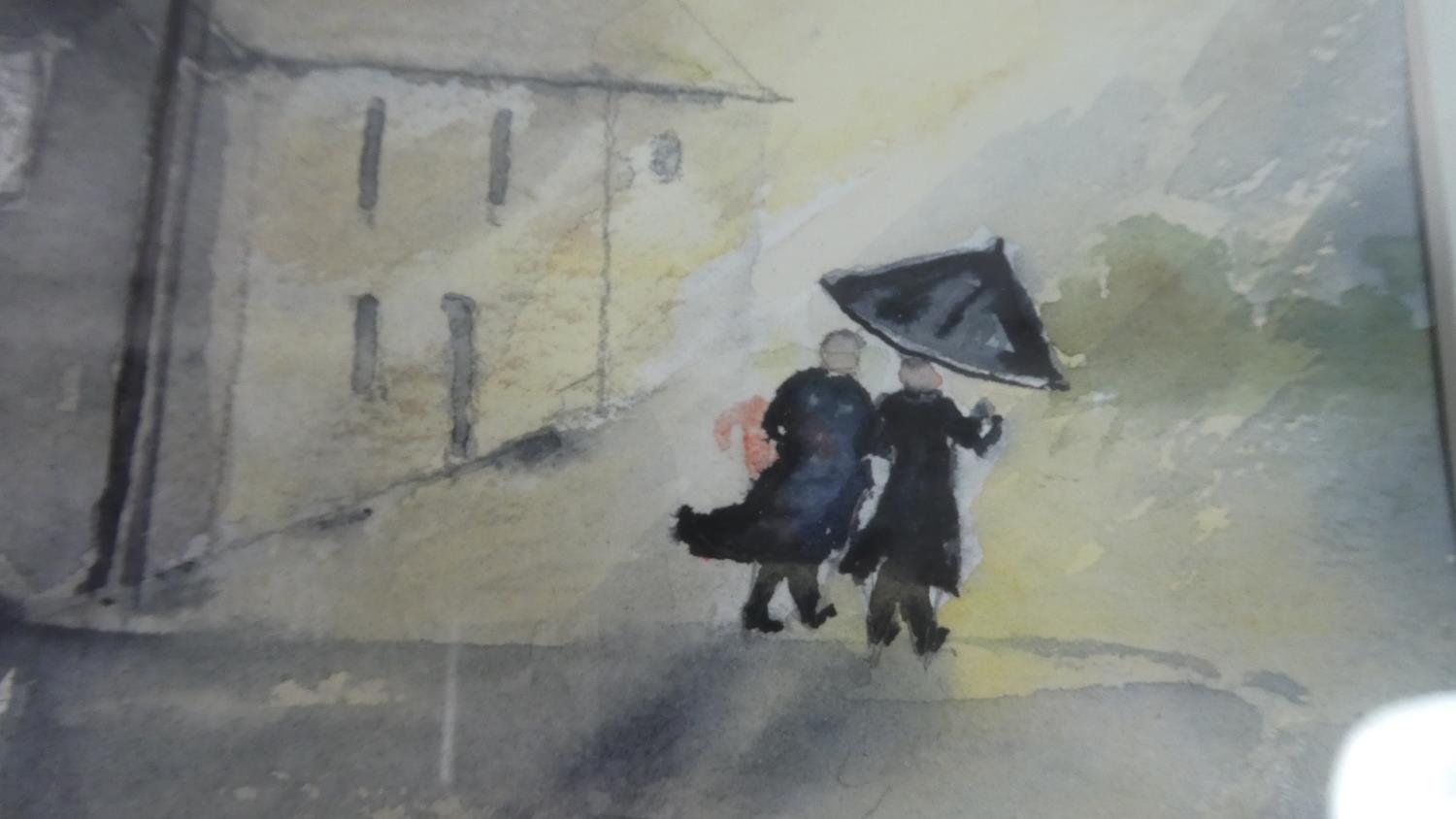 A Framed Watercolour Depicting Figures in Windy Rainy Street, Signed John Stuttard - Image 2 of 3