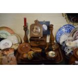 A Tray of Treenware etc to Include Leather Mounted Jewellery Box, Fruit Bowl, Pair of Brass