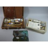 A Vintage Cased Set of Oil Paints Together with a Box Containing Pallette, Paint Brushes, Charcoal