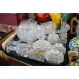 A Tray of Cut and Moulded Glassware to Include Bowls, Dressing Table Boxes and Pots, Cruets, Vases