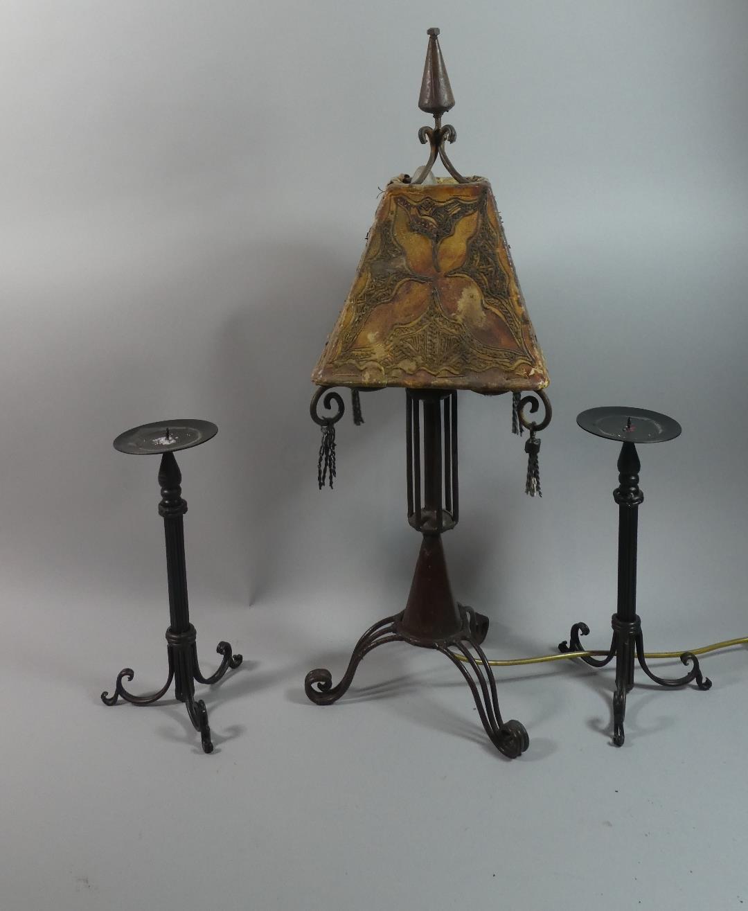 A Pair of Metal Candle Pricketts and a Similar Table Lamp, Lamp 66cm High