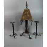 A Pair of Metal Candle Pricketts and a Similar Table Lamp, Lamp 66cm High