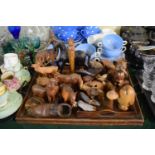 A Wooden Two Handled Tray Containing Treen Animal Ornaments