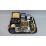 A Tray Containing Curios to Include Vintage Keys, Coins, Medallions, Alarm Clock, Vintage Three