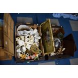 Two Boxes Containing Ceramic Ornaments, Glassware, Bookends, Cutlery, Vintage Tray etc