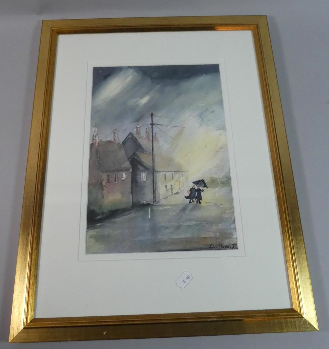 A Framed Watercolour Depicting Figures in Windy Rainy Street, Signed John Stuttard