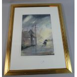 A Framed Watercolour Depicting Figures in Windy Rainy Street, Signed John Stuttard