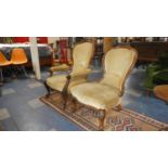 A Good Pair of Victorian Walnut Framed Upholstered Balloon Back Ladies and Gents Armchairs with