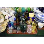 A Tray of Coloured Glassware to Include Millefiori and Other Paperweights, Oil Lamps, Jugs, Vases