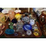 A Tray of Coloured Glassware to Include Paperweights, Thomas Webb Scent Bottle, Silver Topped Cut