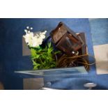 A Box Containing Vase of Artificial Flowers, Table Lamp, Smokers Cabinet, Mirror etc