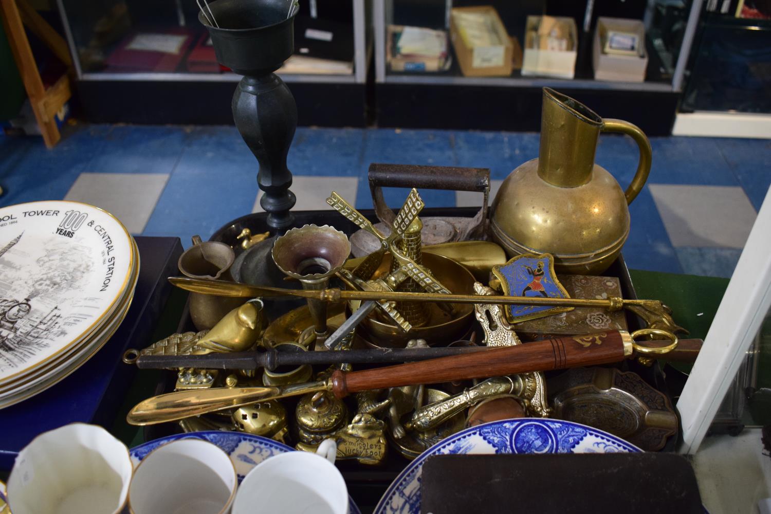 A Tray of Brass and other Ornaments, Flat Iron, Guernsey Jug, Candlestick, Shoehorns etc